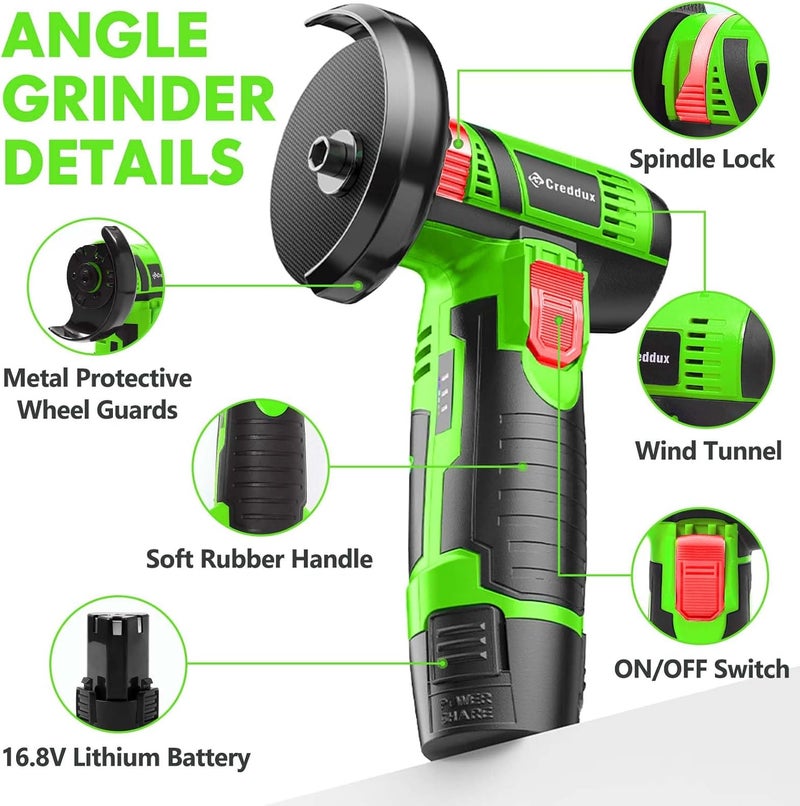 Creddux Cordless Angle Grinder, 3 Inch Mini Angle Grinder Tool With 2pcs 16.8V 2000mAh Batteries and 5 Grinding Wheel,19500rpm Metal Grinders for Cutting, Grinding and Polishing Emerald Green - Image 5